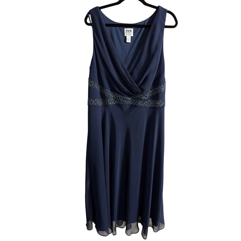R&M Richards Womens Plus Size Navy Blue Sleeveless Beaded Chiffon Dress Size 20W